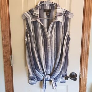 Striped sleeveless button down collar shirt belly tie Large